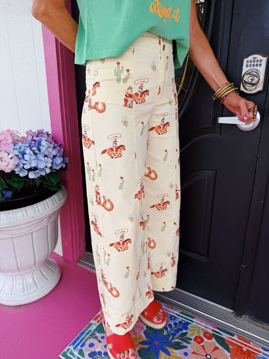 Honey Cowboy Print Wide Leg Pants