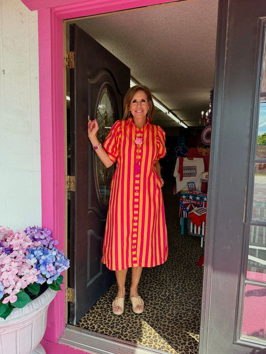 Orange & Pink Belted Midi Dress