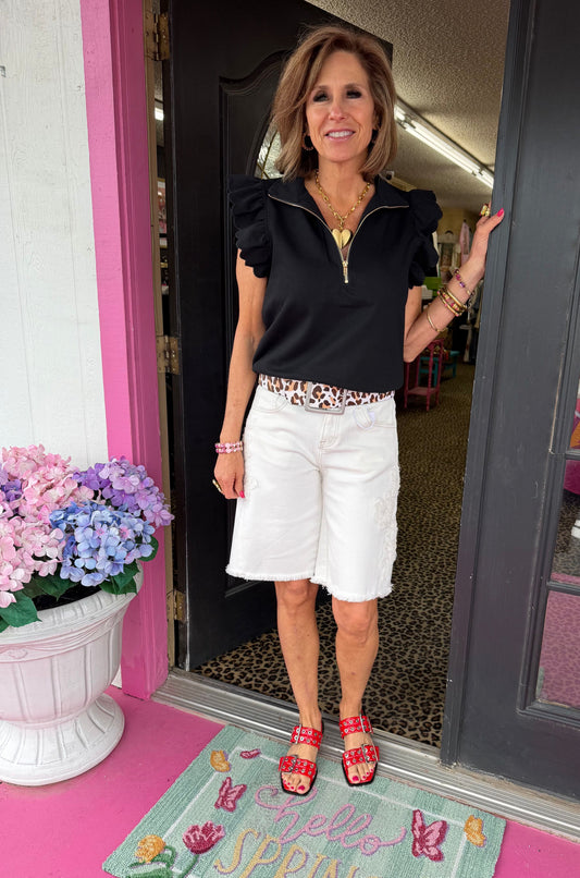 Black Scallop Ruffle Slv Top