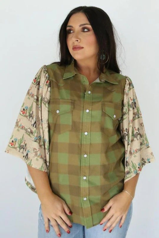 Green Gingham Western Top