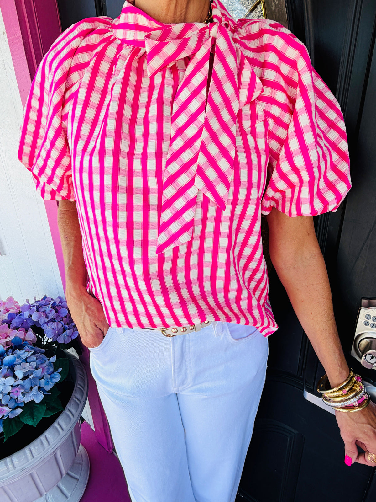 Pink Gingham Puff Slv Top
