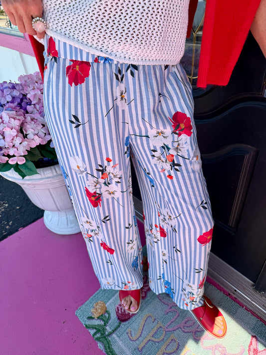 Blue Striped Floral Pants