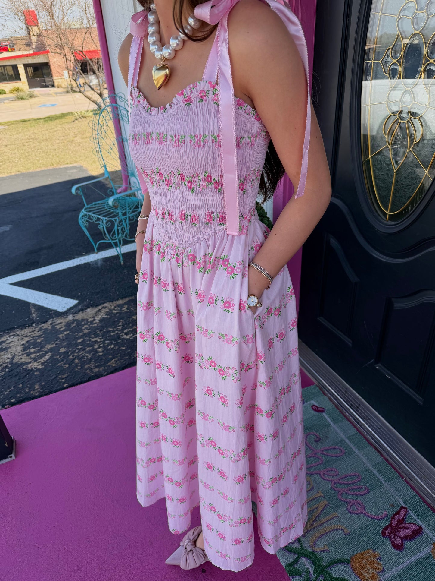 Pink Floral Shoulder Tie Midi Dress