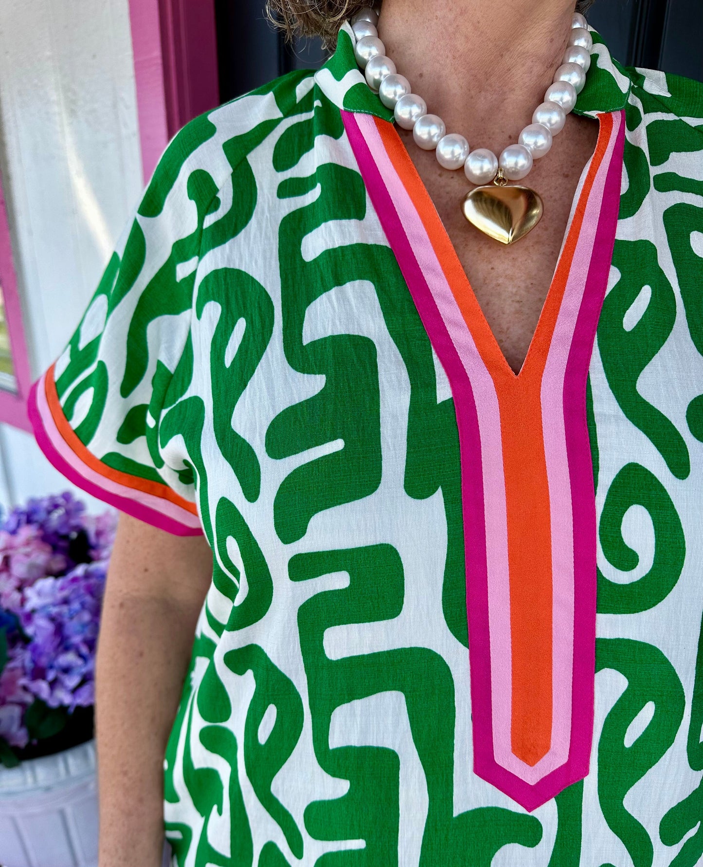 Green Print Pink Trim Dress
