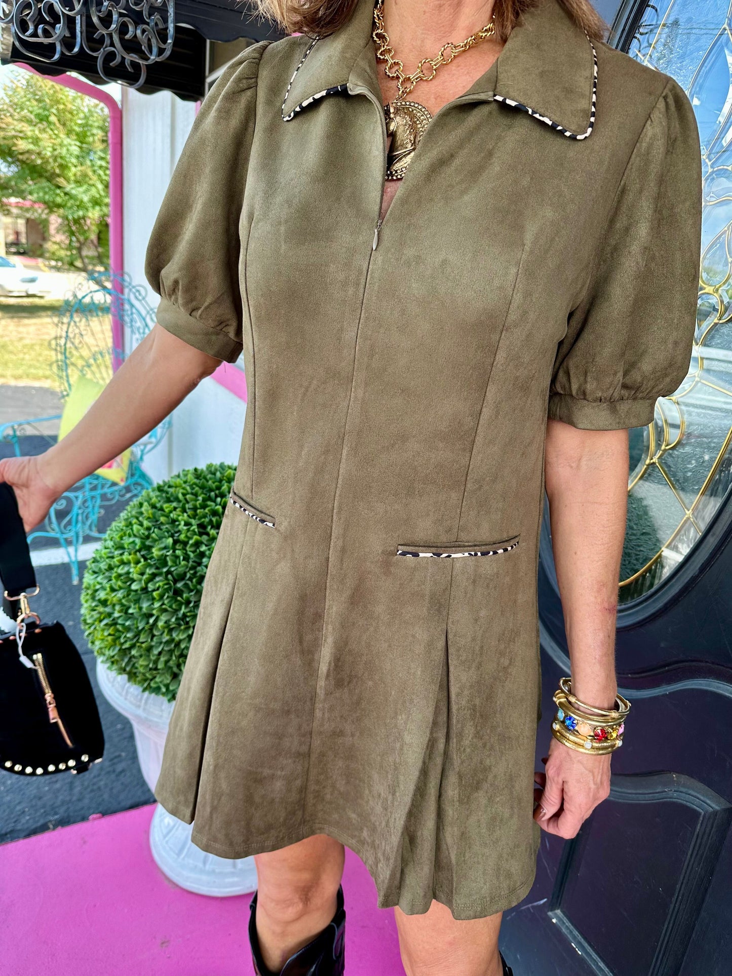 Olive Suede SS Mini Dress