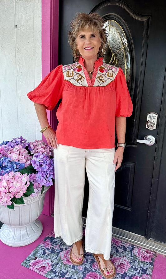 Orange Western Puff Sleeve Top