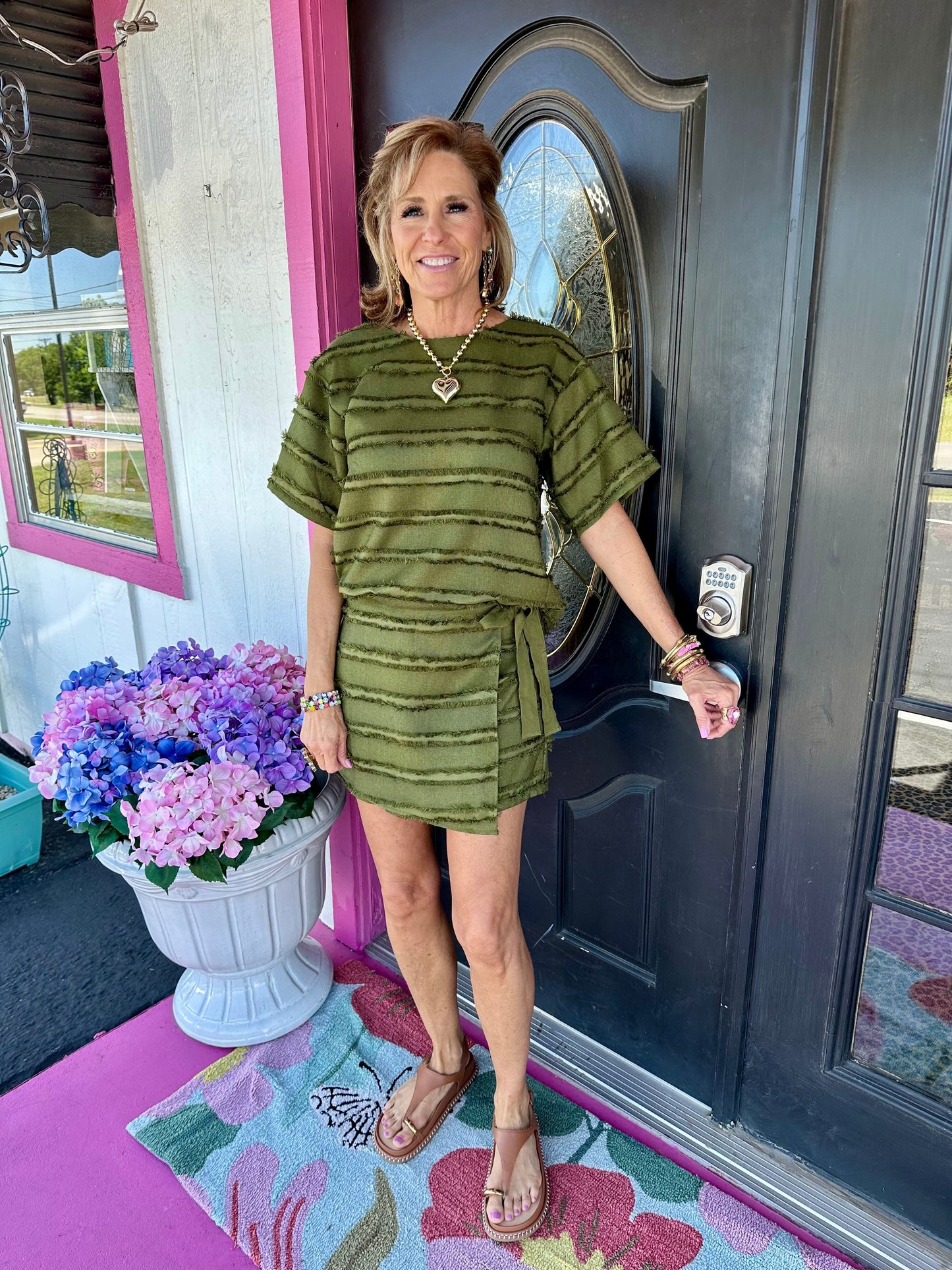 Olive Fringe Ribbon Tie Skirt Set