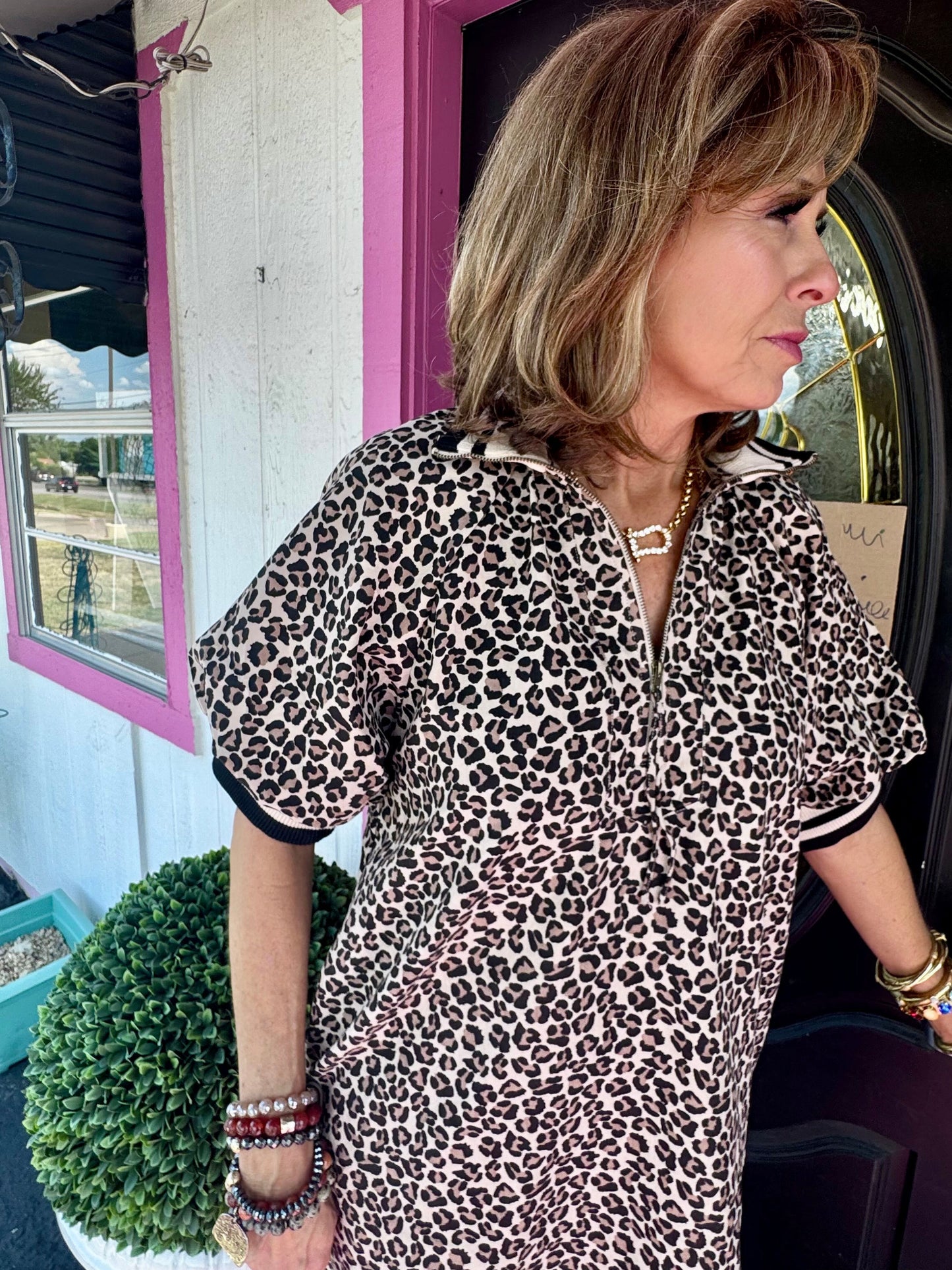 Leopard Zip Neck Sleeve Trim Dress