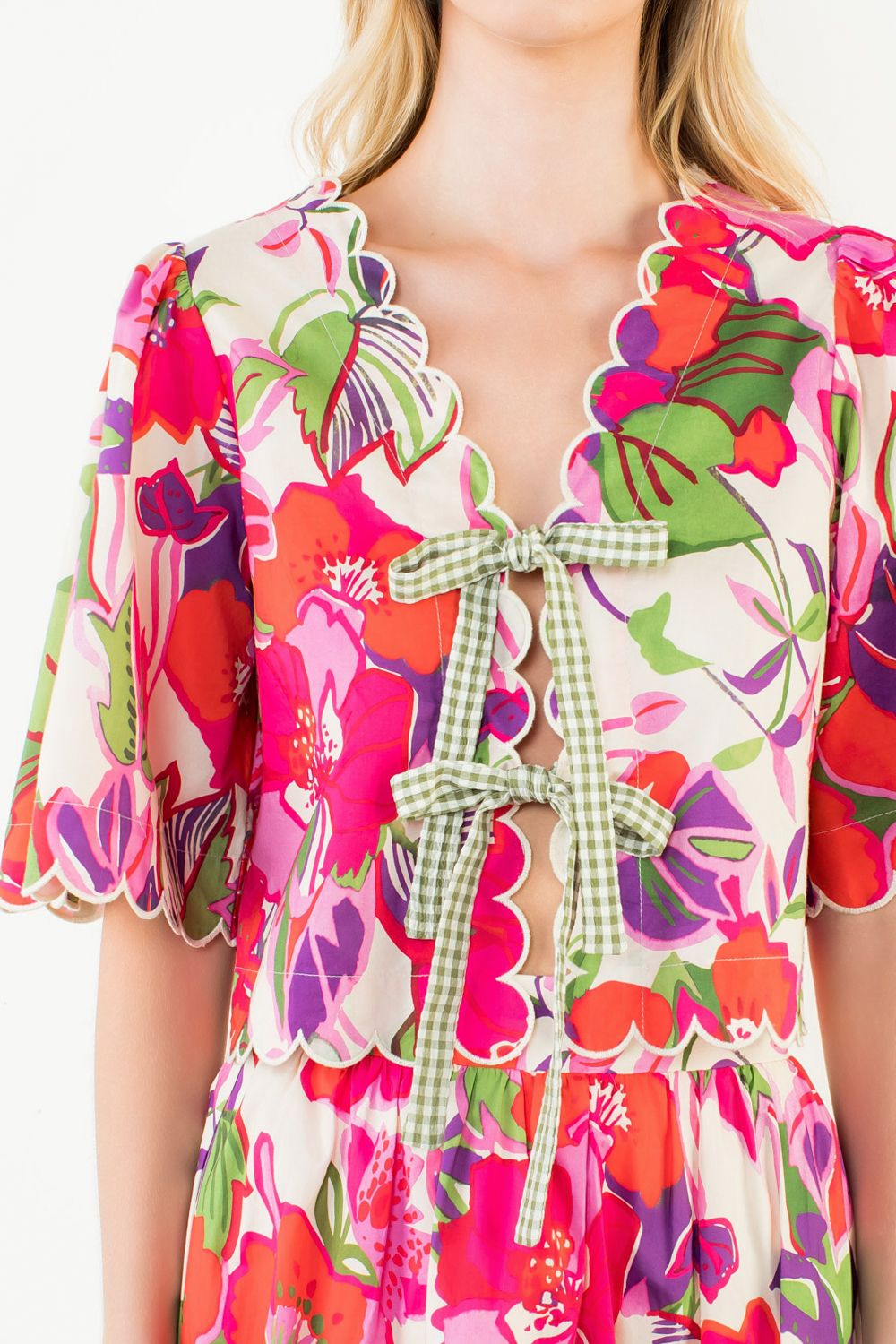 Pink SS Floral Tie Front Top