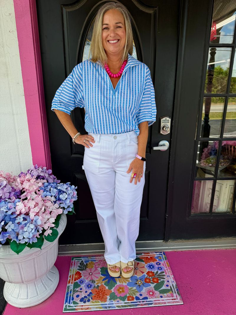 Blue Stripe Poplin Poppy Top