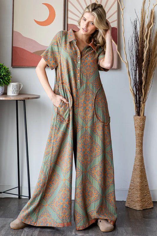 Teal/Rust Printed Reversible Jumpsuit