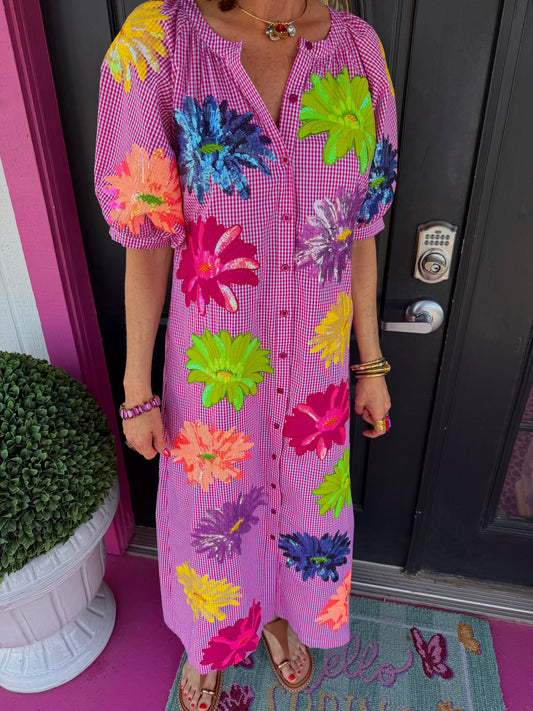 Pink Gingham Flower Midi Dress