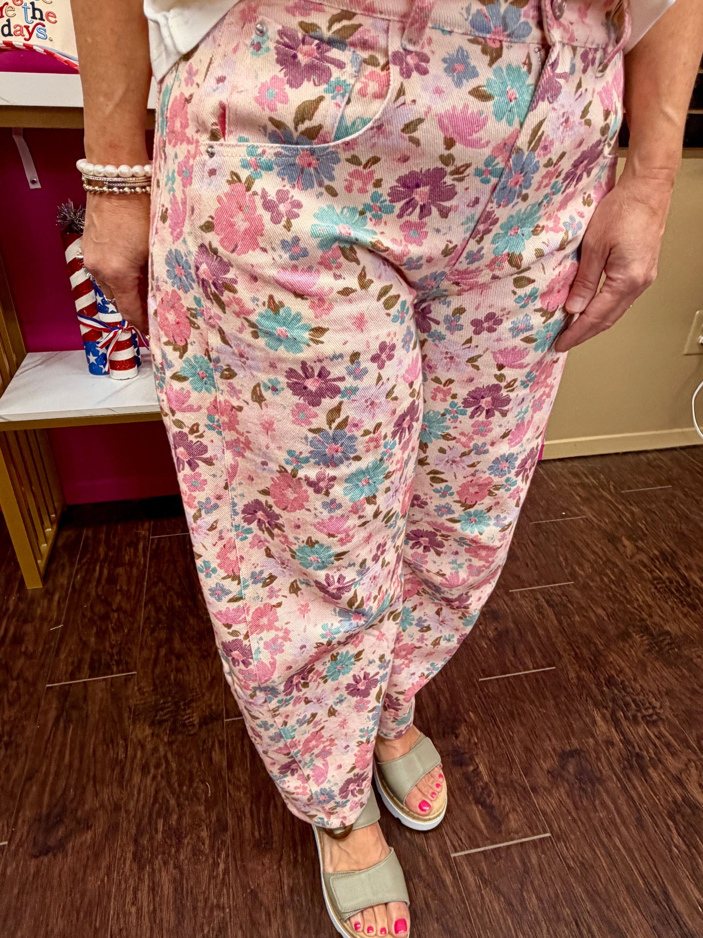 Pink Floral Barrel Leg Pants