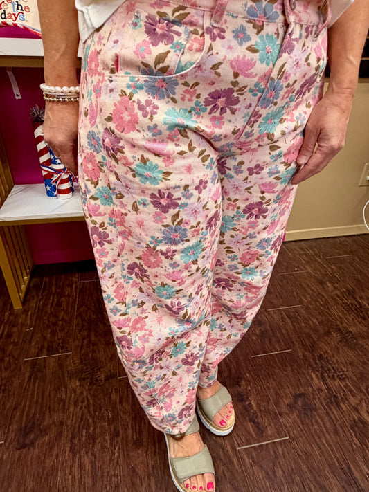 Pink Floral Barrel Leg Pants
