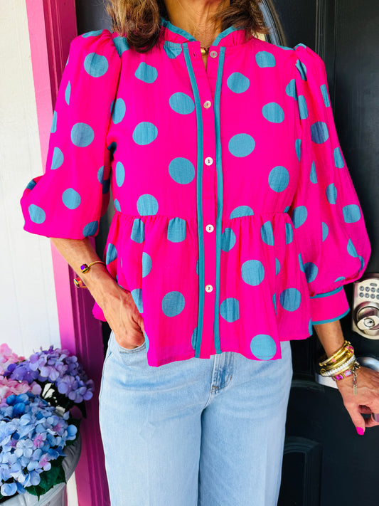 Pink & Blue Polka Dot LS Tops
