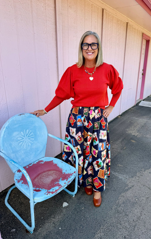 Navy Stamp Print Skirt
