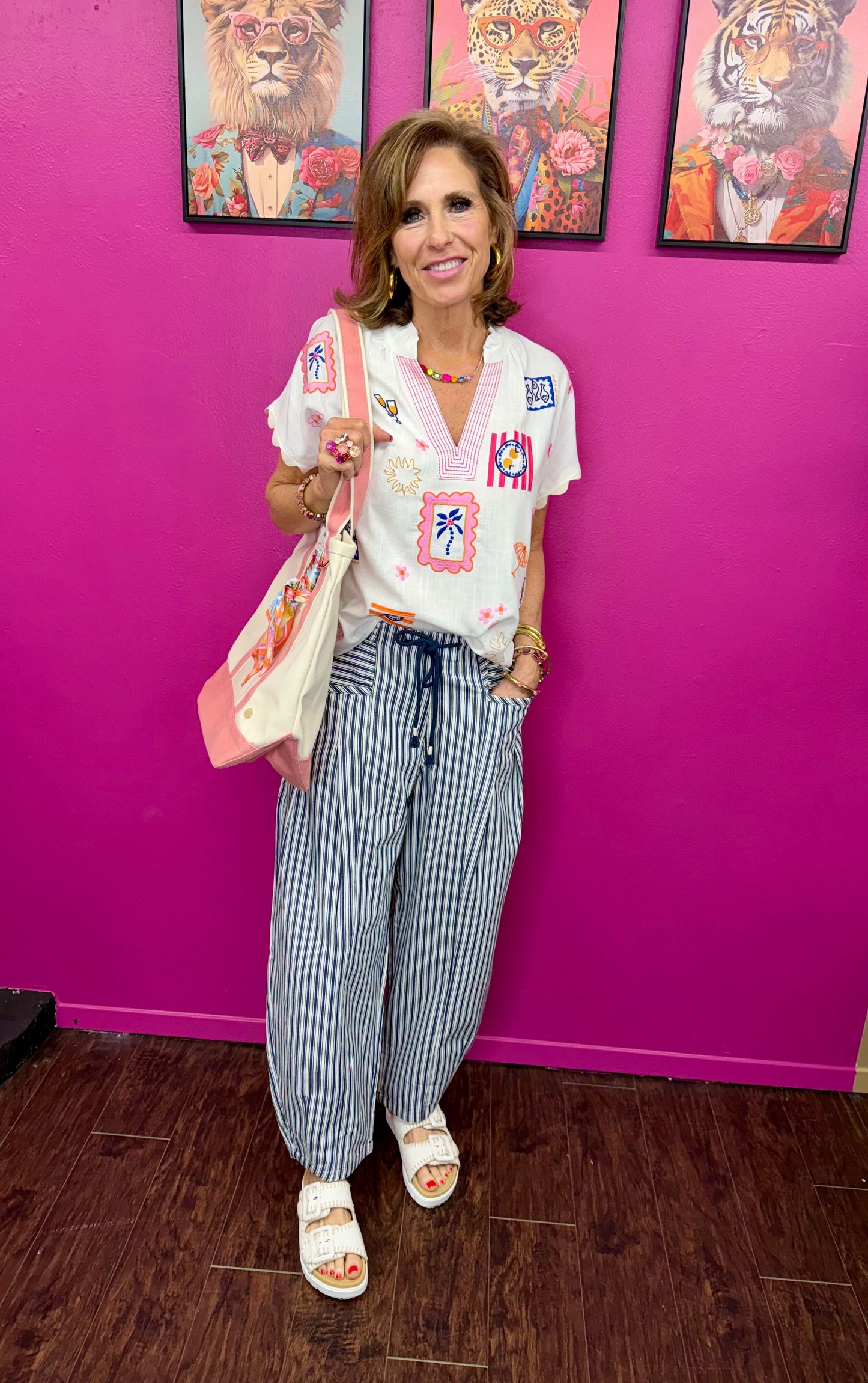 White Pink Embroidery SS Top