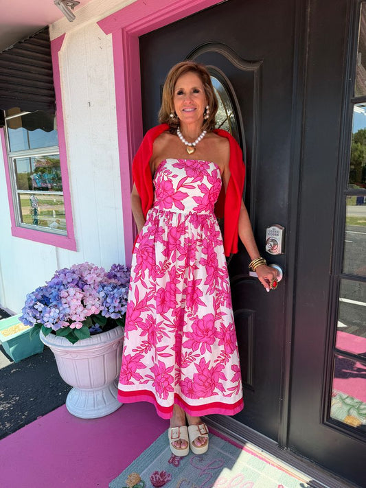 Pink & Red Floral Strapless Midi
