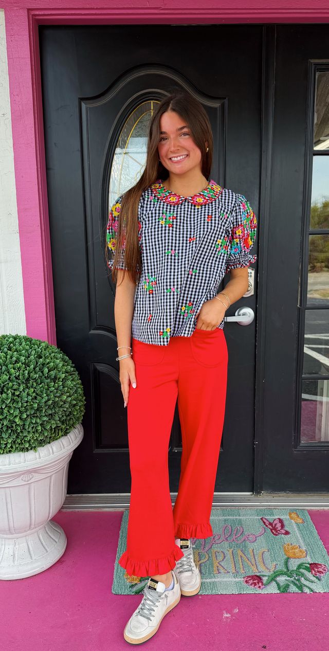Red Back Zipper Ruffled Hem Pant
