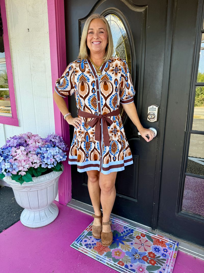 Blue/Brown Printed Belted Mini
