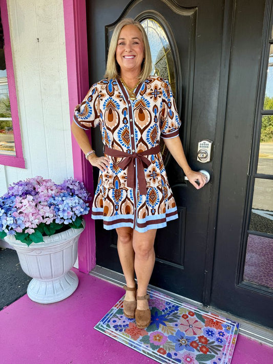 Blue/Brown Printed Belted Mini