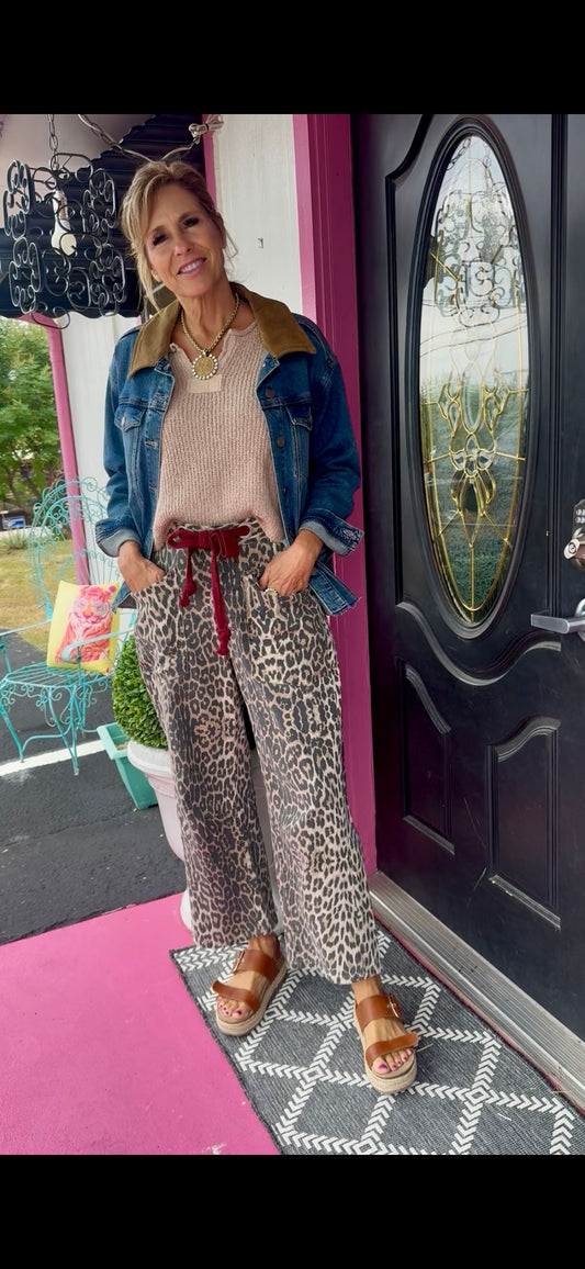 Leopard Tie Waist Barrel Jean