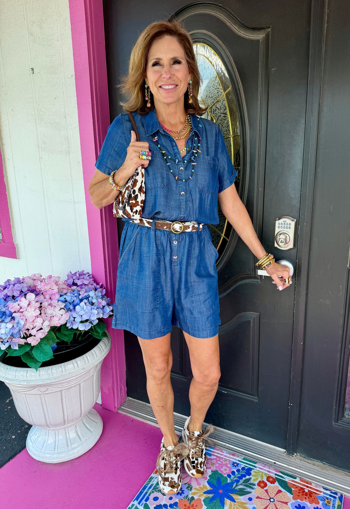 Dark Denim SS Belted Romper