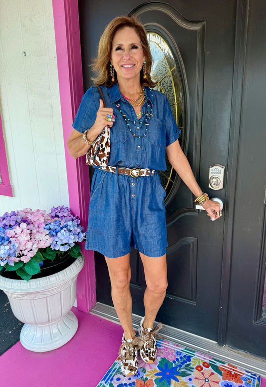 Dark Denim SS Belted Romper