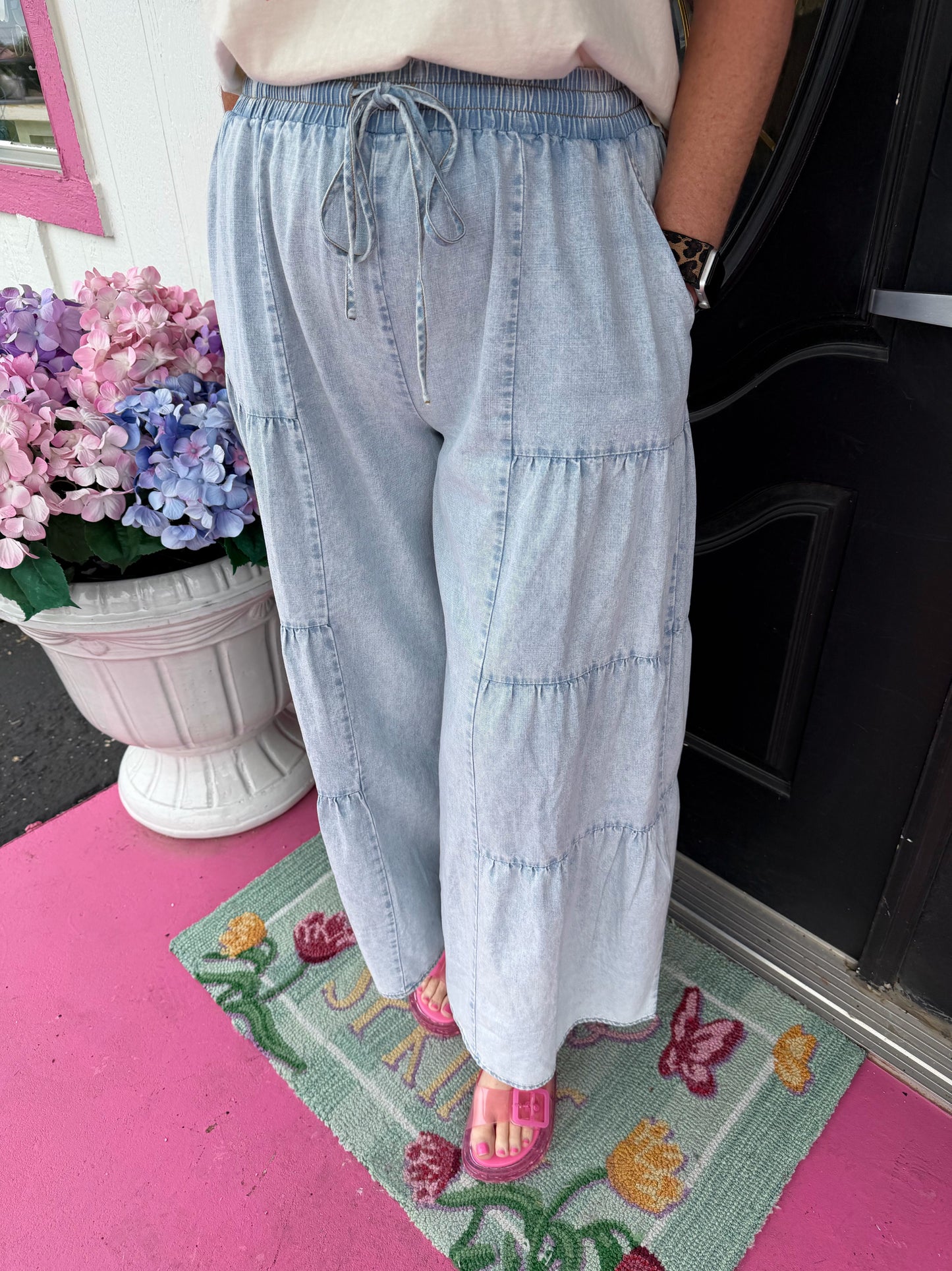 Mineral Wash Tiered Chambray Pants