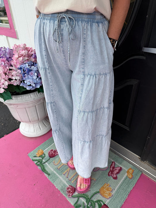 Mineral Wash Tiered Chambray Pants
