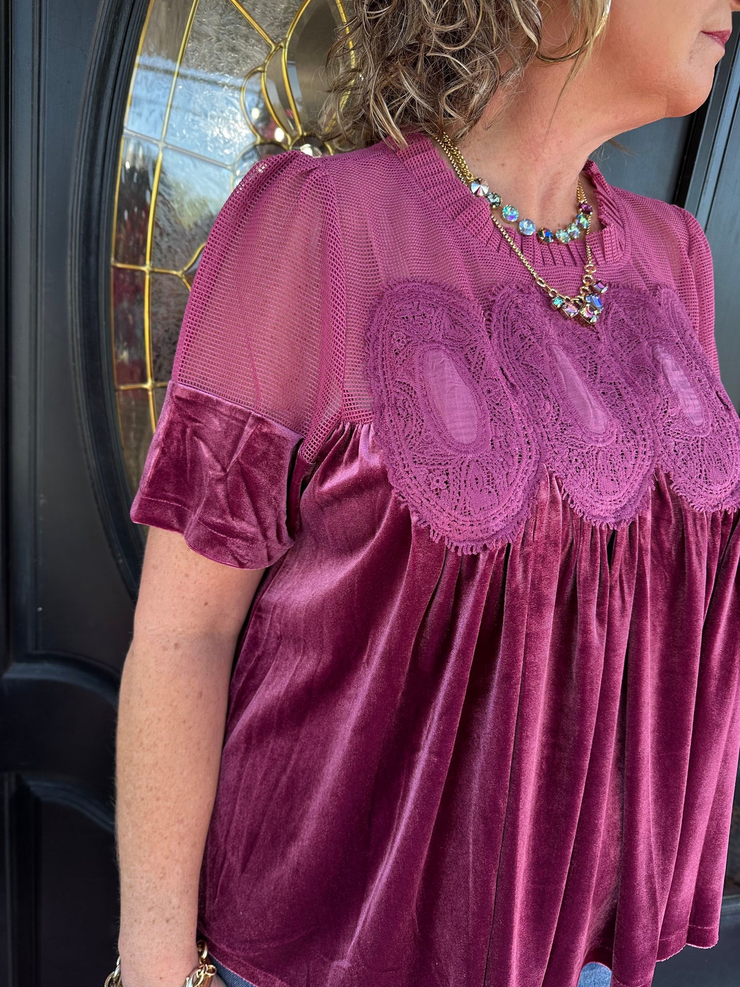 Lace Detail Velvet Babydoll Top