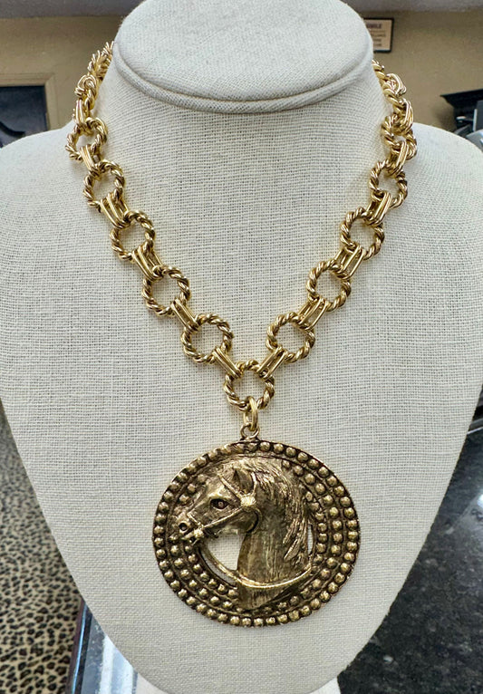 Large Gold Horse Medallion Necklace
