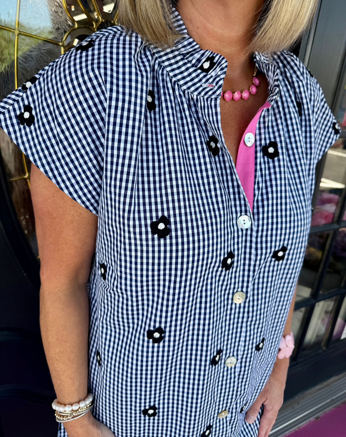 Navy Gingham Floral Emb Dress
