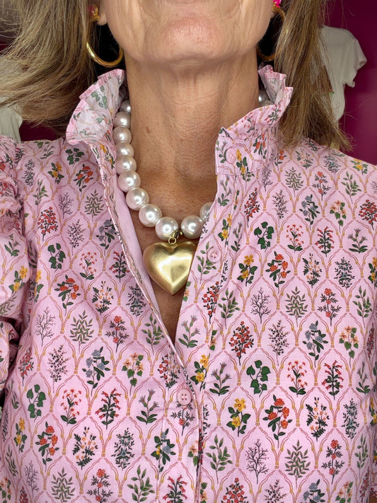 Pink Floral High Ruffled Neck