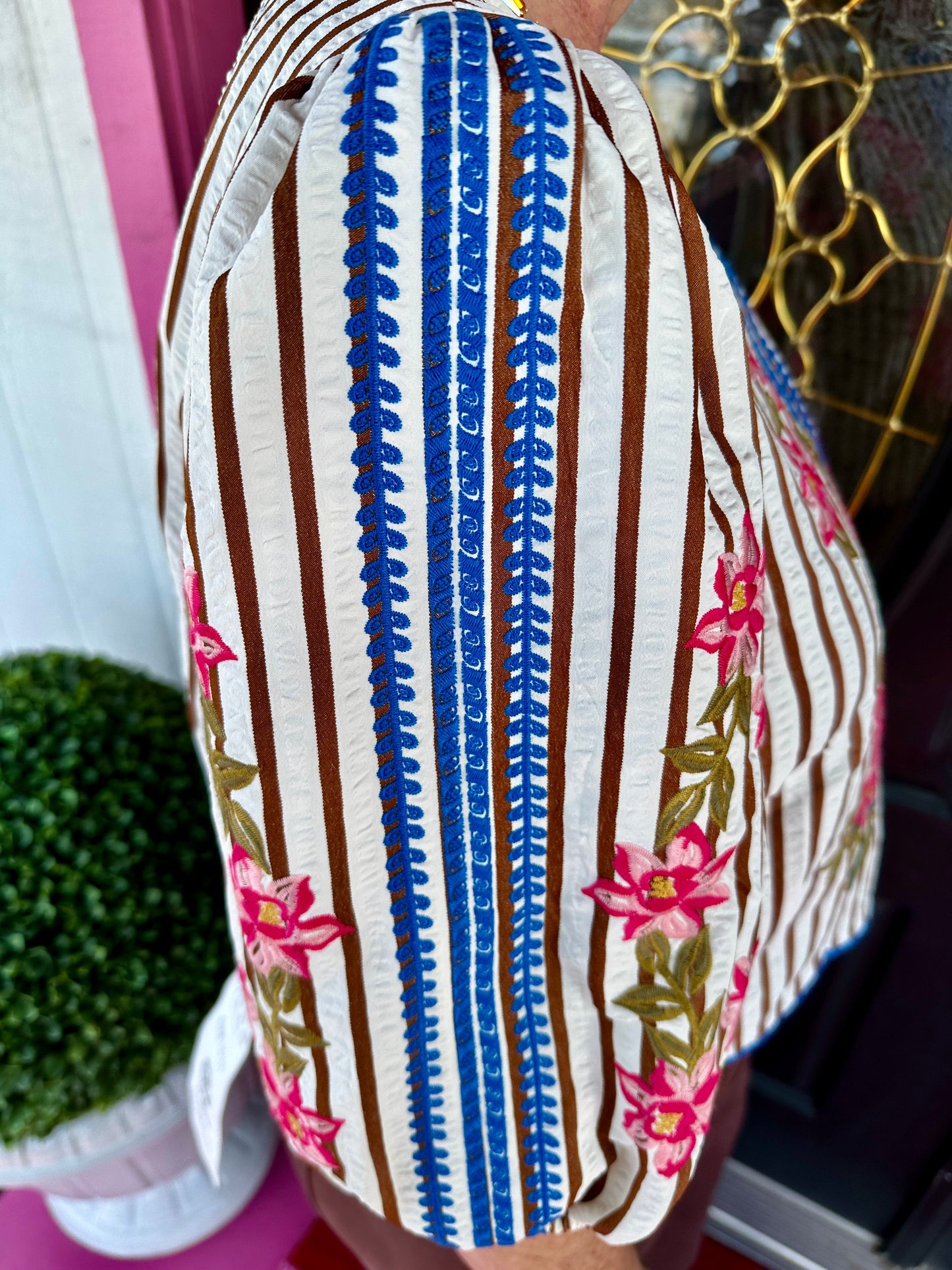 Brown Striped Embroidery Top
