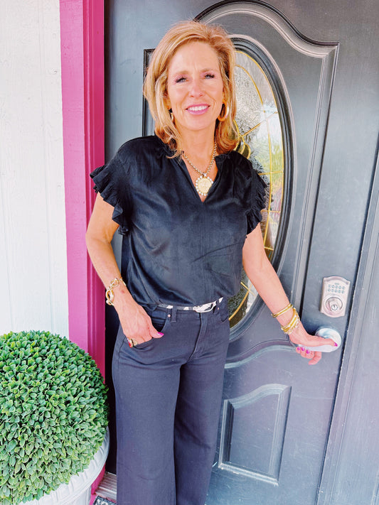 Black Nicola Ruffle Suede Top
