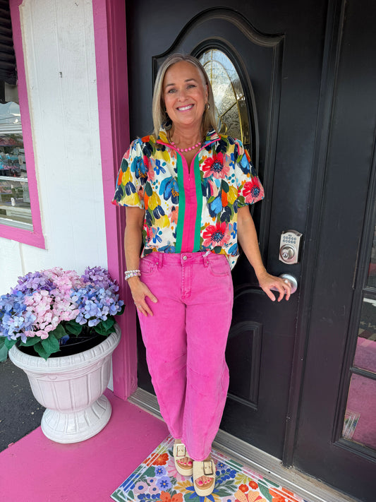 Multi SS Zip Neck w/Pink & Gr