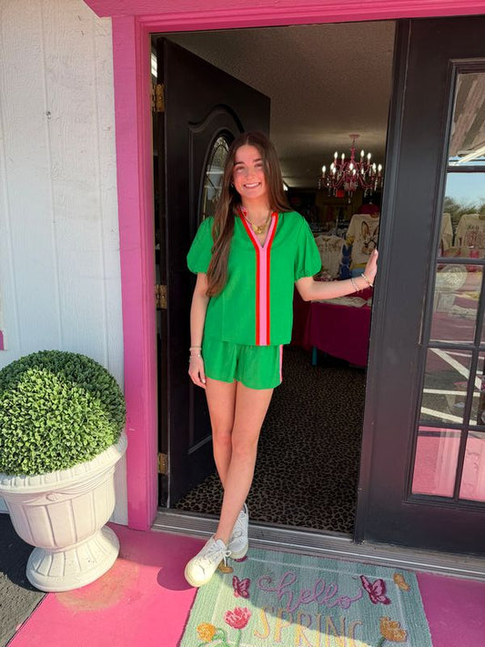 Green Orange Stripe Short Set