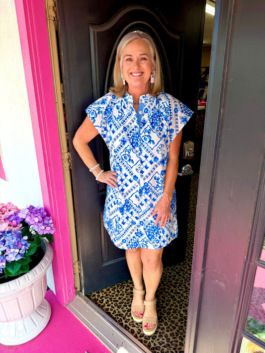 Blue/Wht SS Print Button Dress
