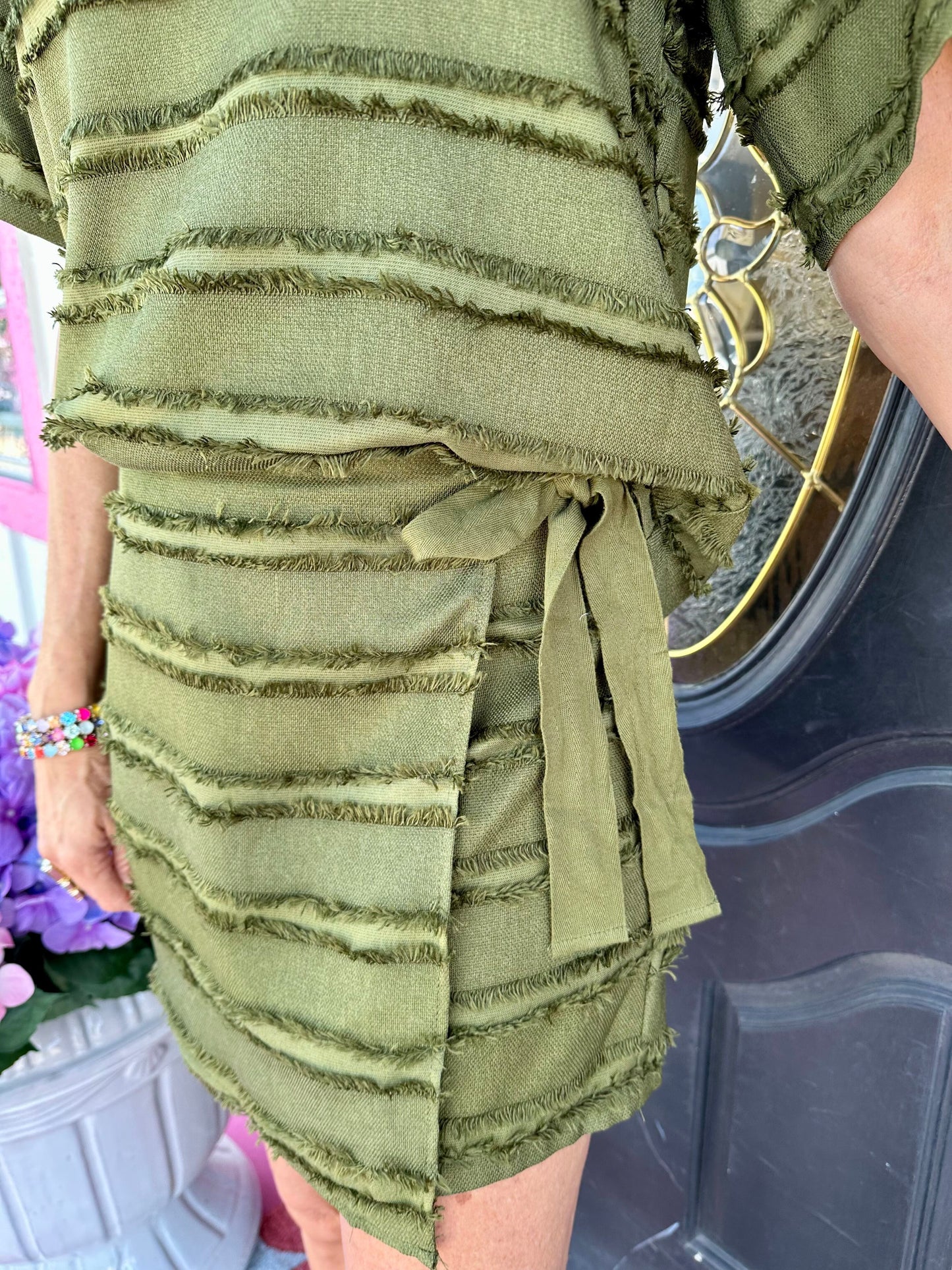 Olive Fringe Ribbon Tie Skirt Set