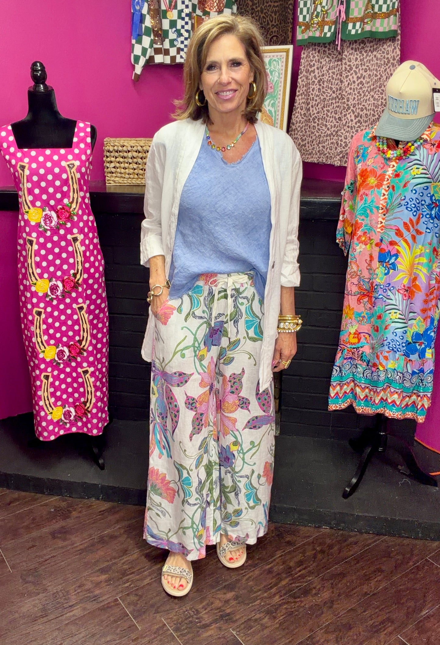 White Floral Linen Palazzo Pant