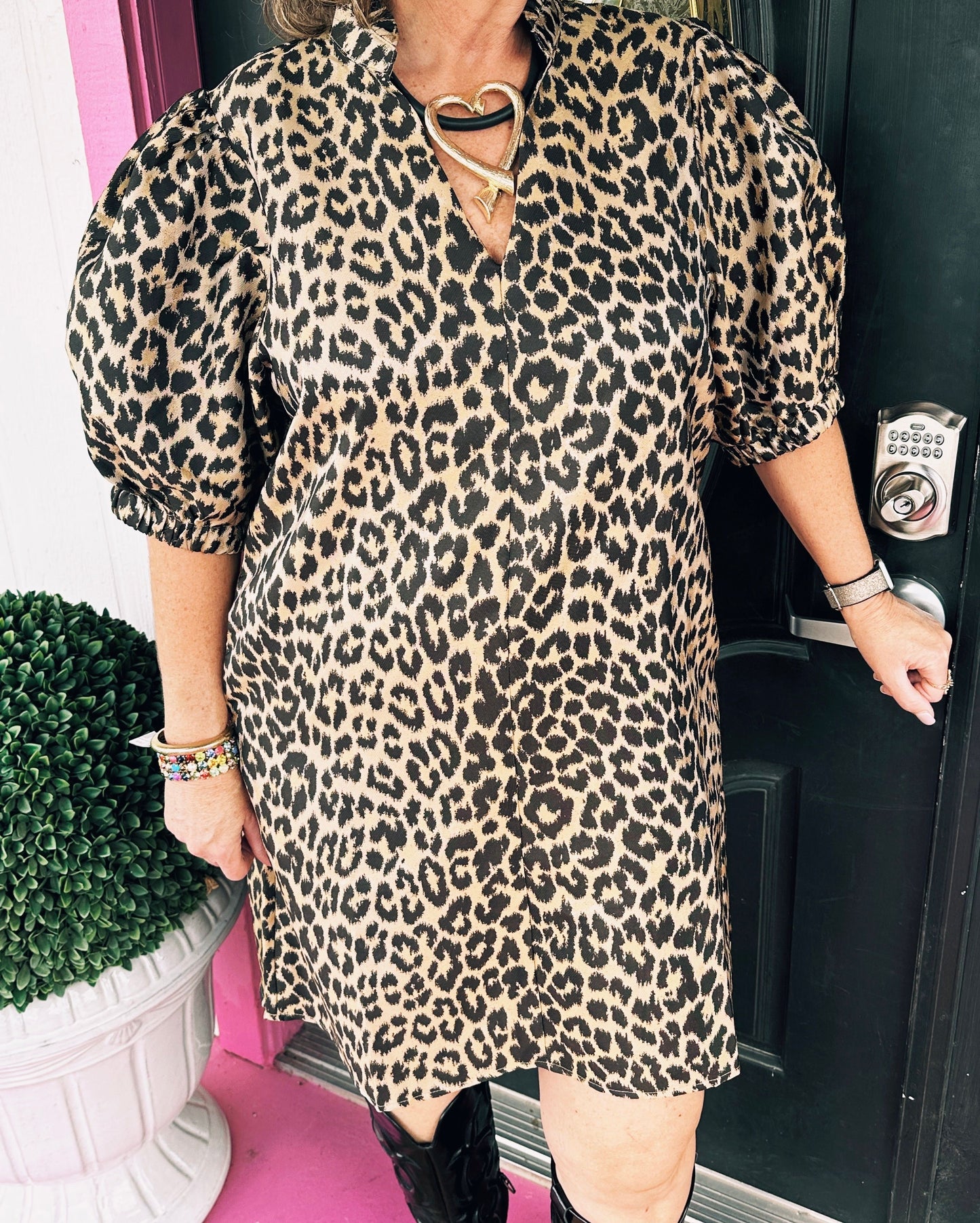 Leopard Puff Sleeve Midi Dress