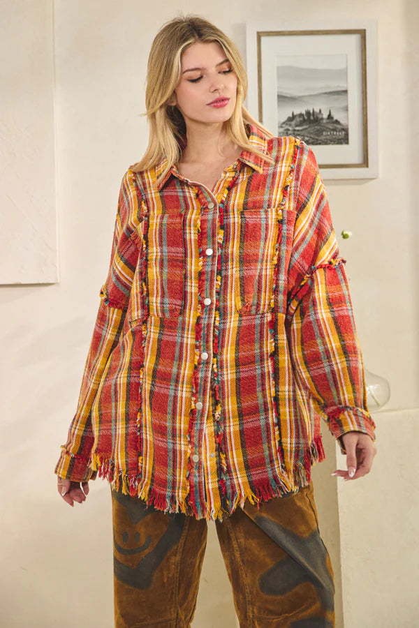 Red Washed Plaid Snap Jacket