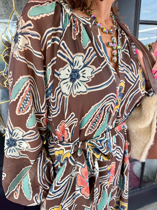 Brown Floral Belted LS Maxi