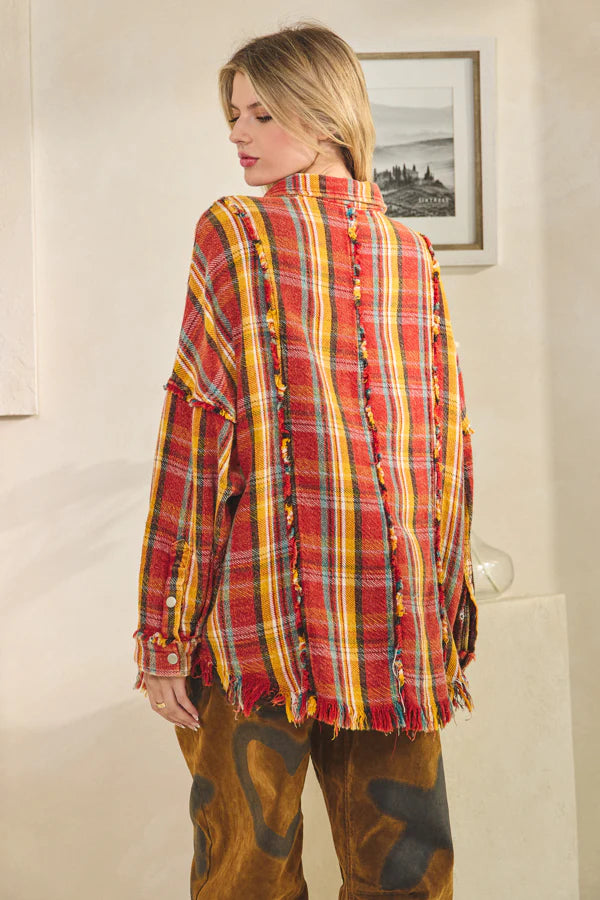 Red Washed Plaid Snap Jacket