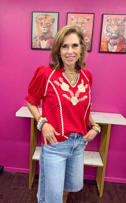 Dana Red Embroidered Top