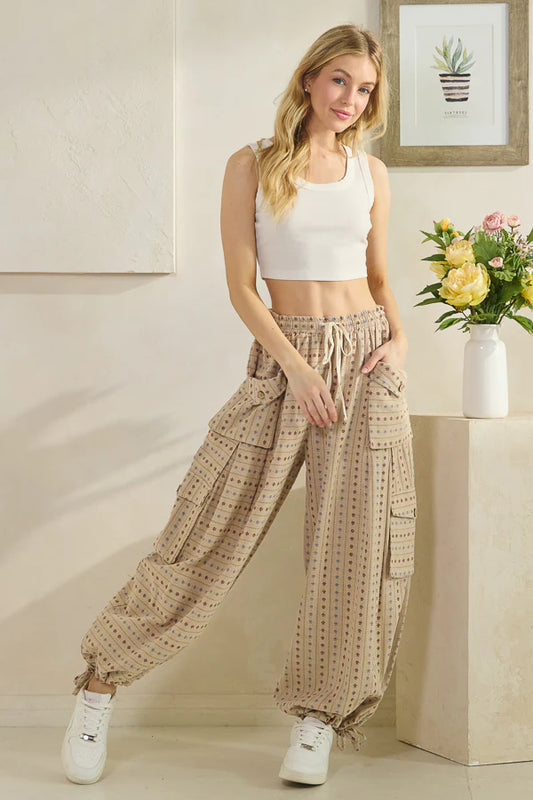 Tan 3D Pocket Flower Wide Pant