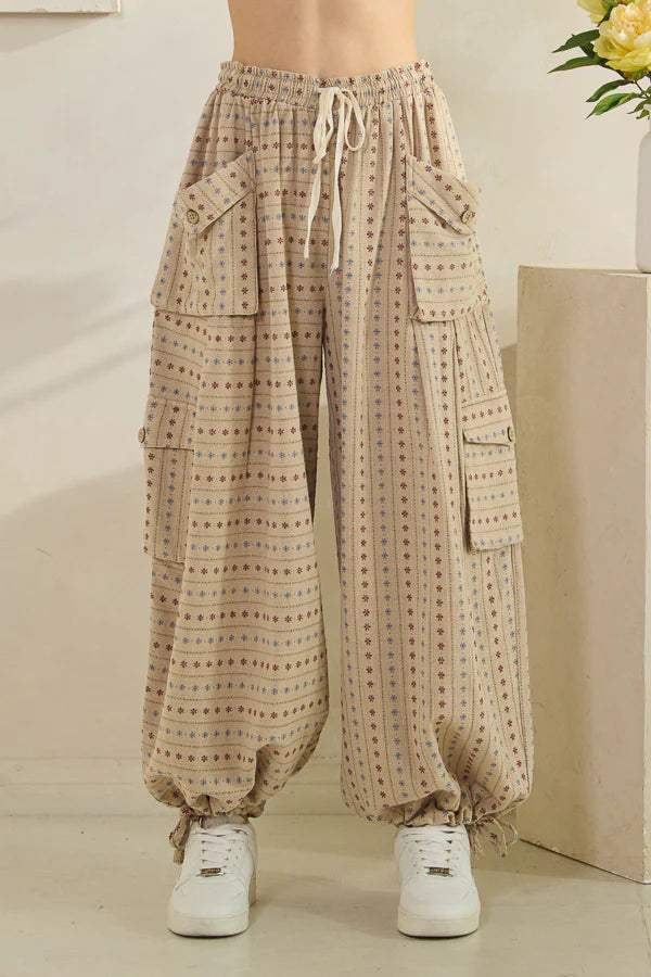 Tan 3D Pocket Flower Wide Pant