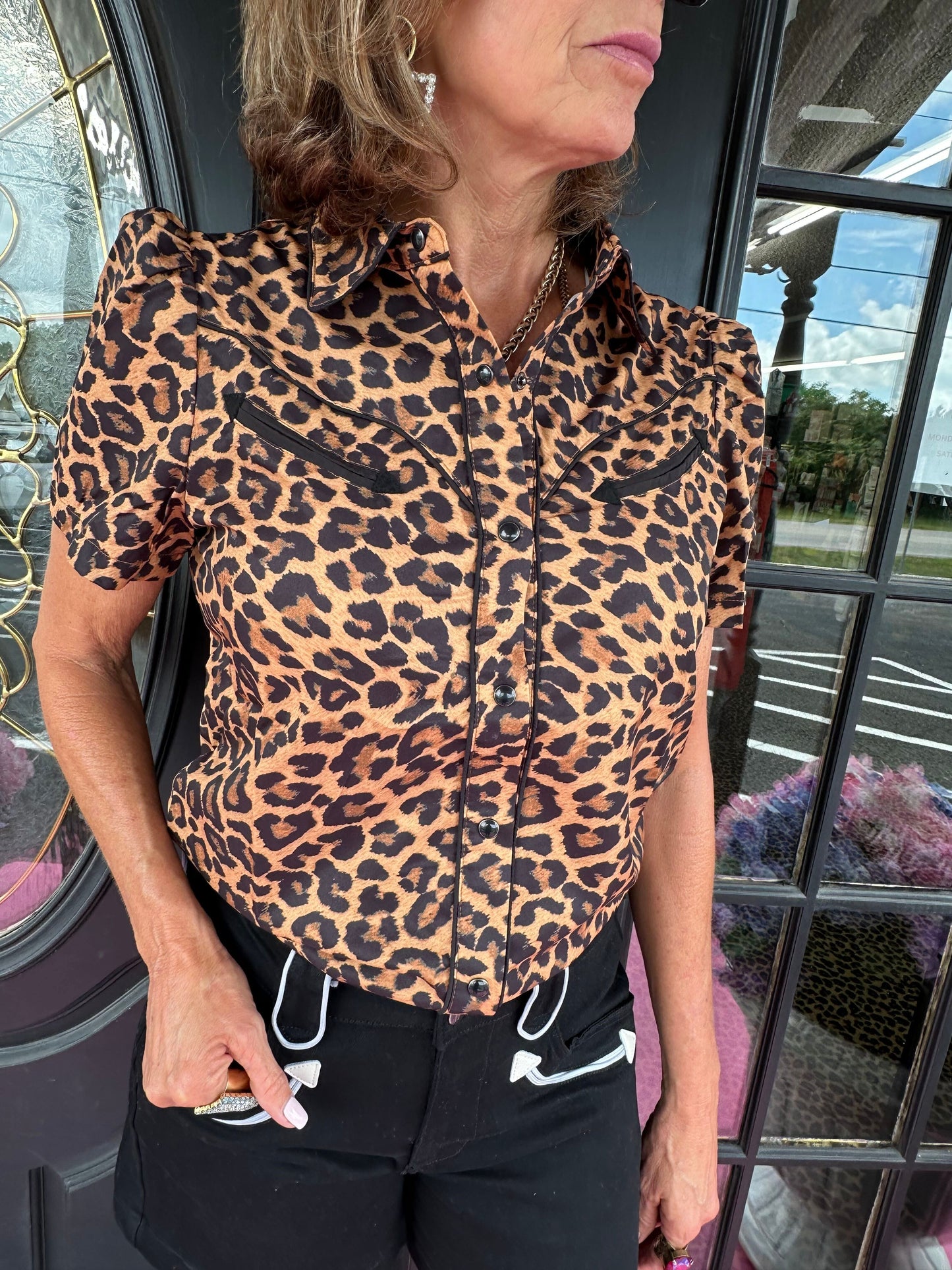 Leopard Yoke Pearl Snap Top