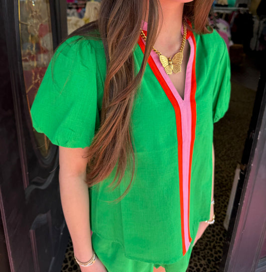 Green Orange Stripe Short Set